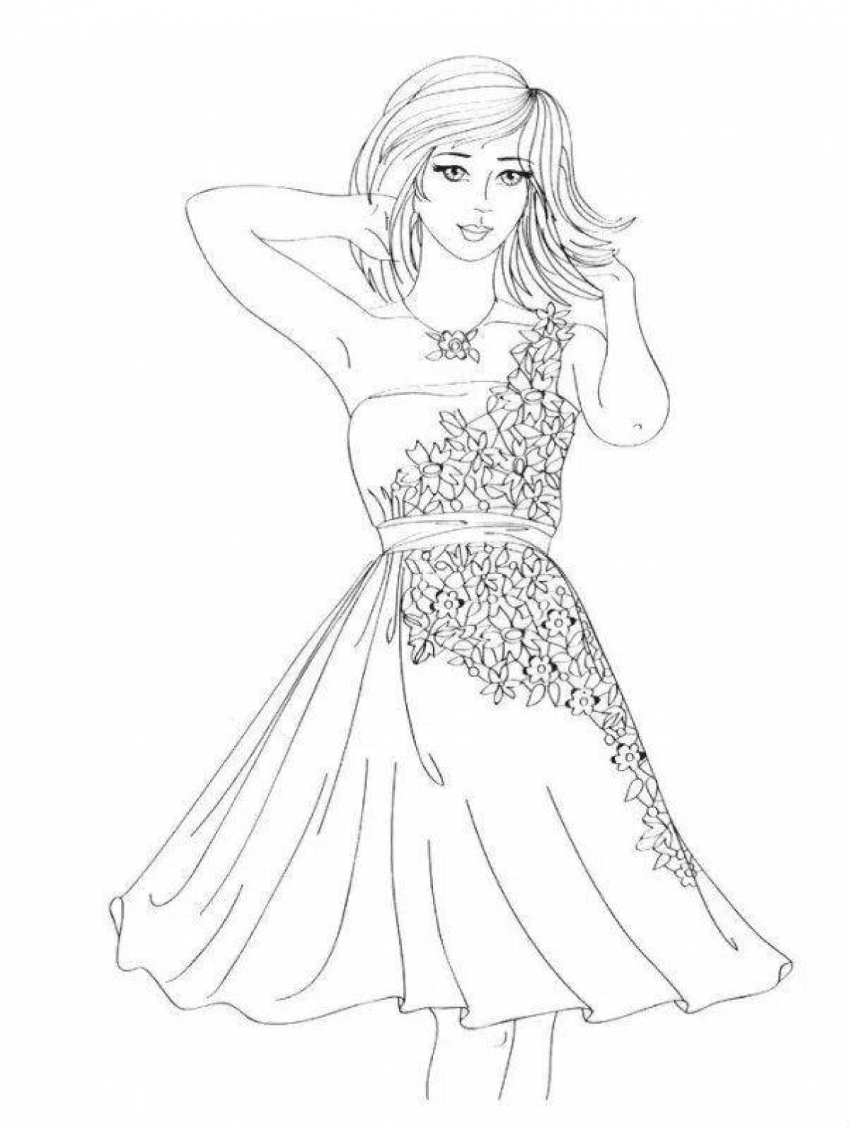 Charming coloring page of a girl in a dress