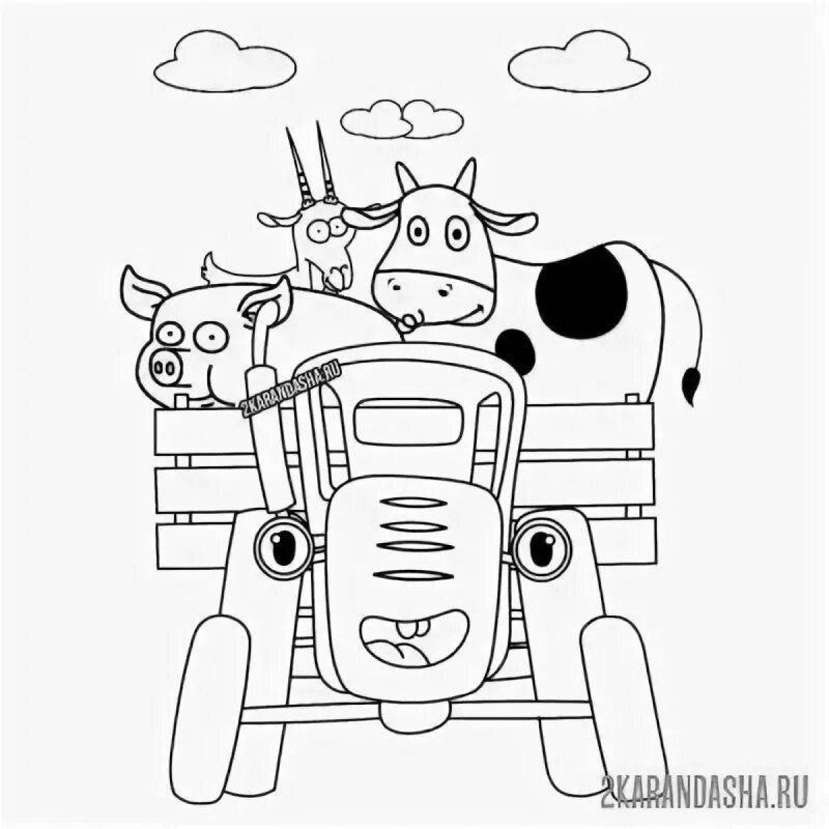 Раскраска трактор с коровой