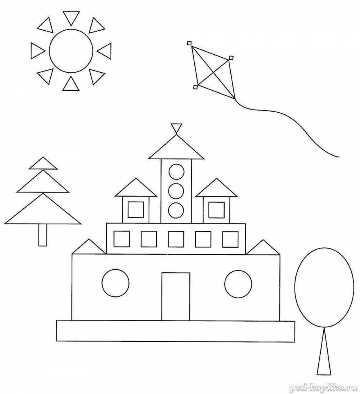 Геометрические фигуры подготовительная группа. Домик с геометрическими фигурами для детей. Замок из геометрических фигур для дошкольников. Задание замок из геометрических фигур. Здание из геометрических фигур раскраска.