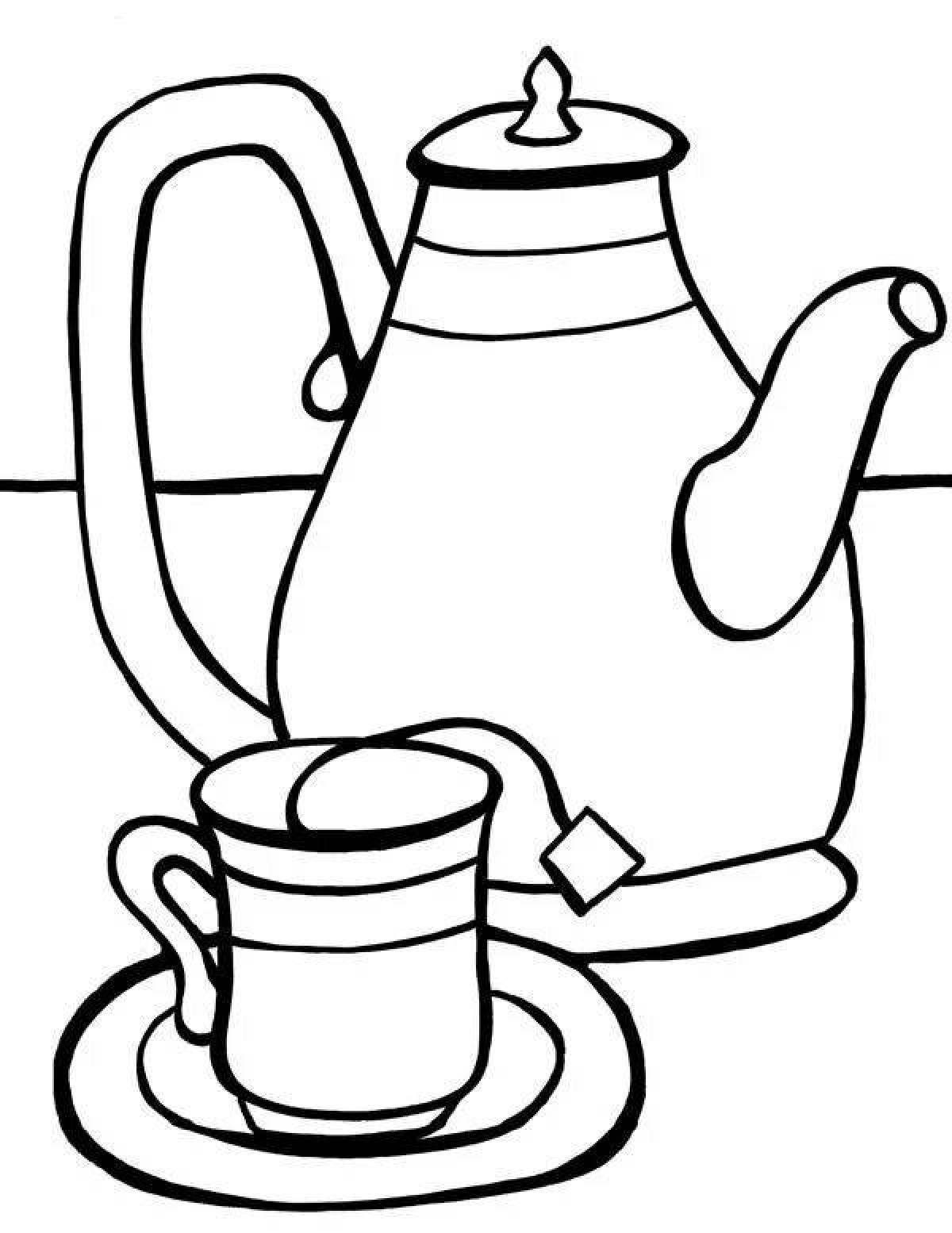 Coloring book shining teapot and cup
