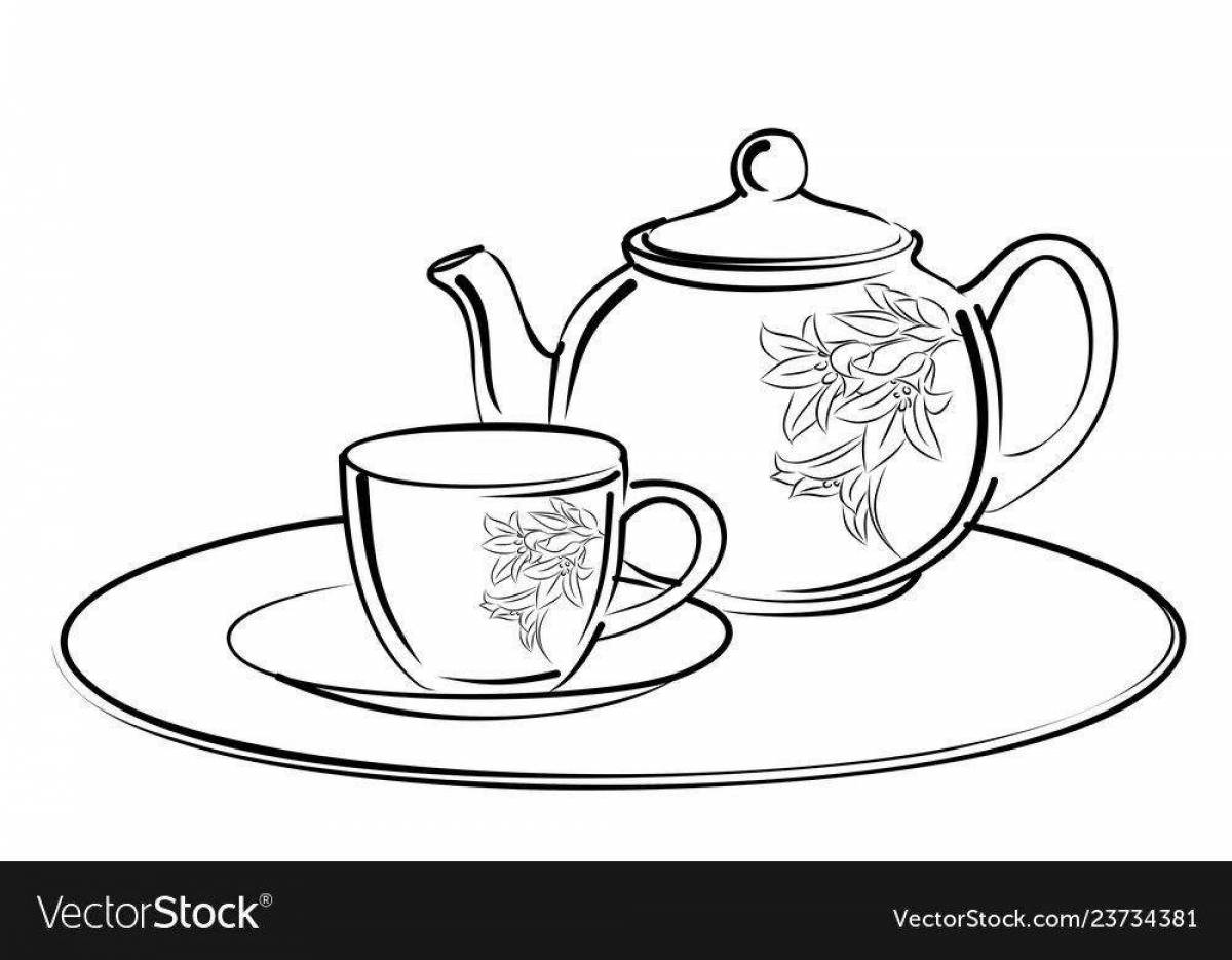 Coloring page bright teapot and cup