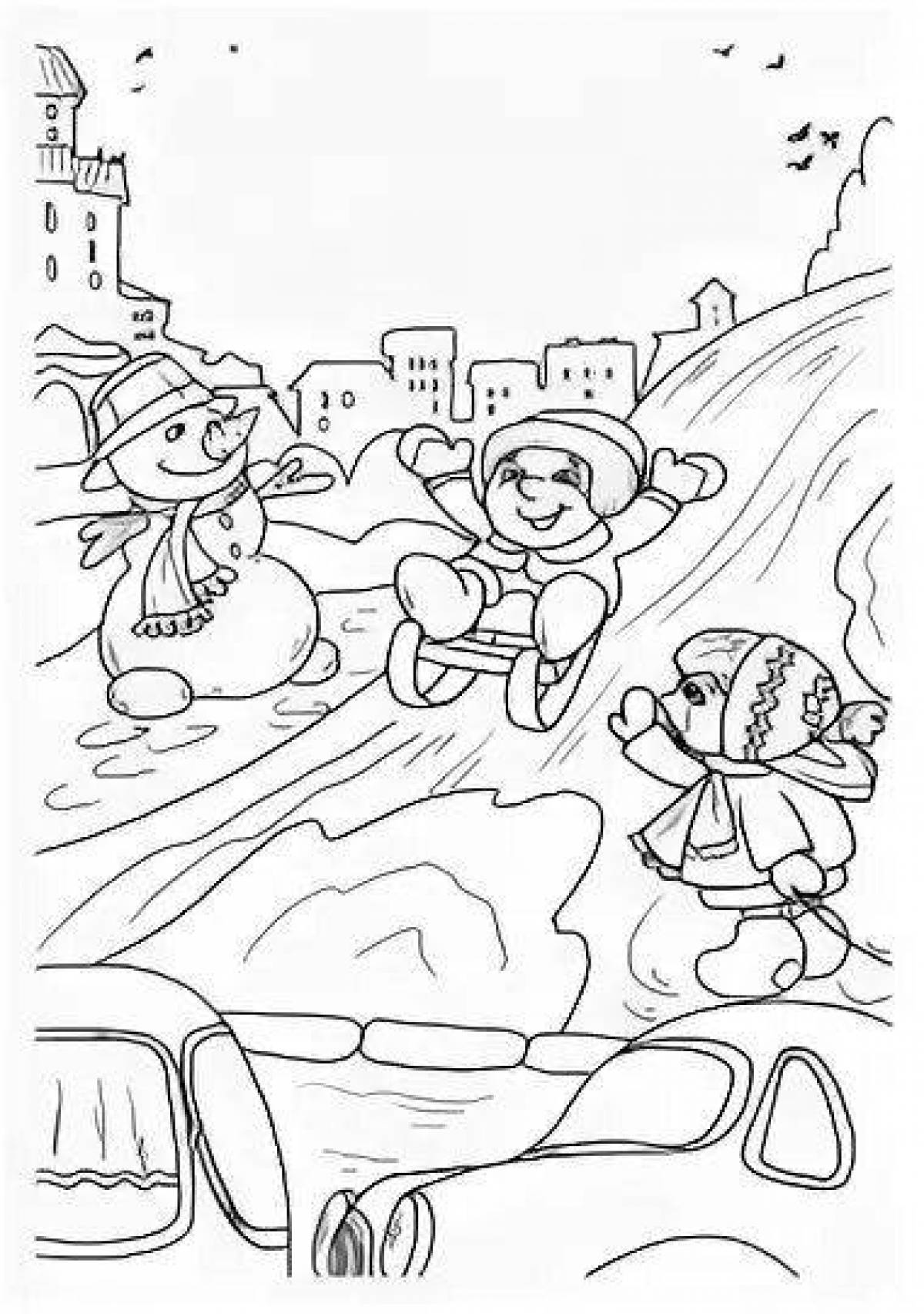 Comic winter safety coloring page