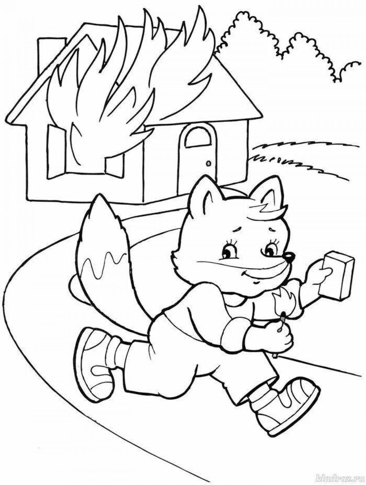 Colorful fire safety coloring page for 4-5 year olds