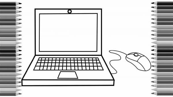 экран ноутбука с сайтом раскрасок, рядом ребенок