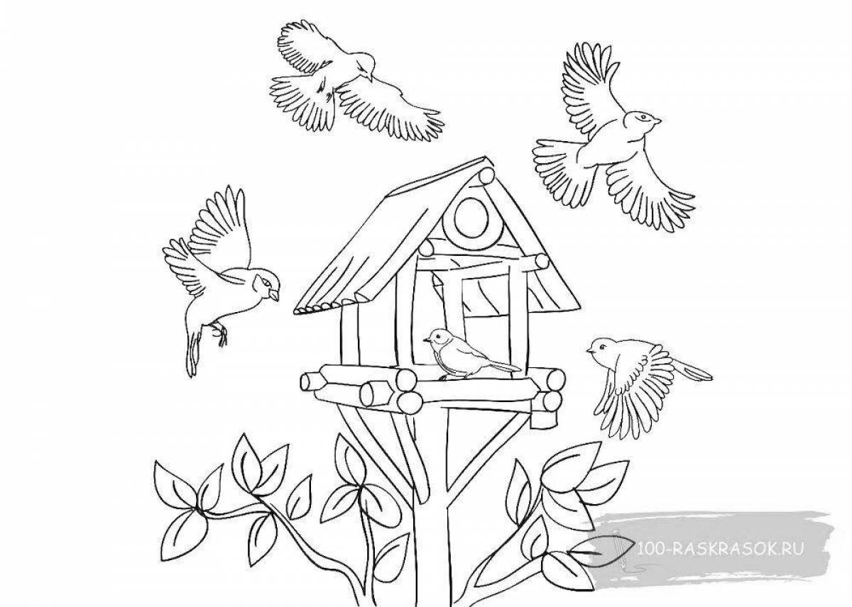 Children's bird feeder coloring pages for children in winter