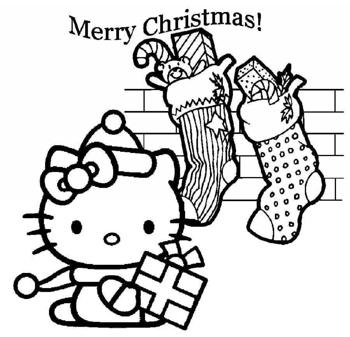 Праздничная рождественская раскраска hello kitty