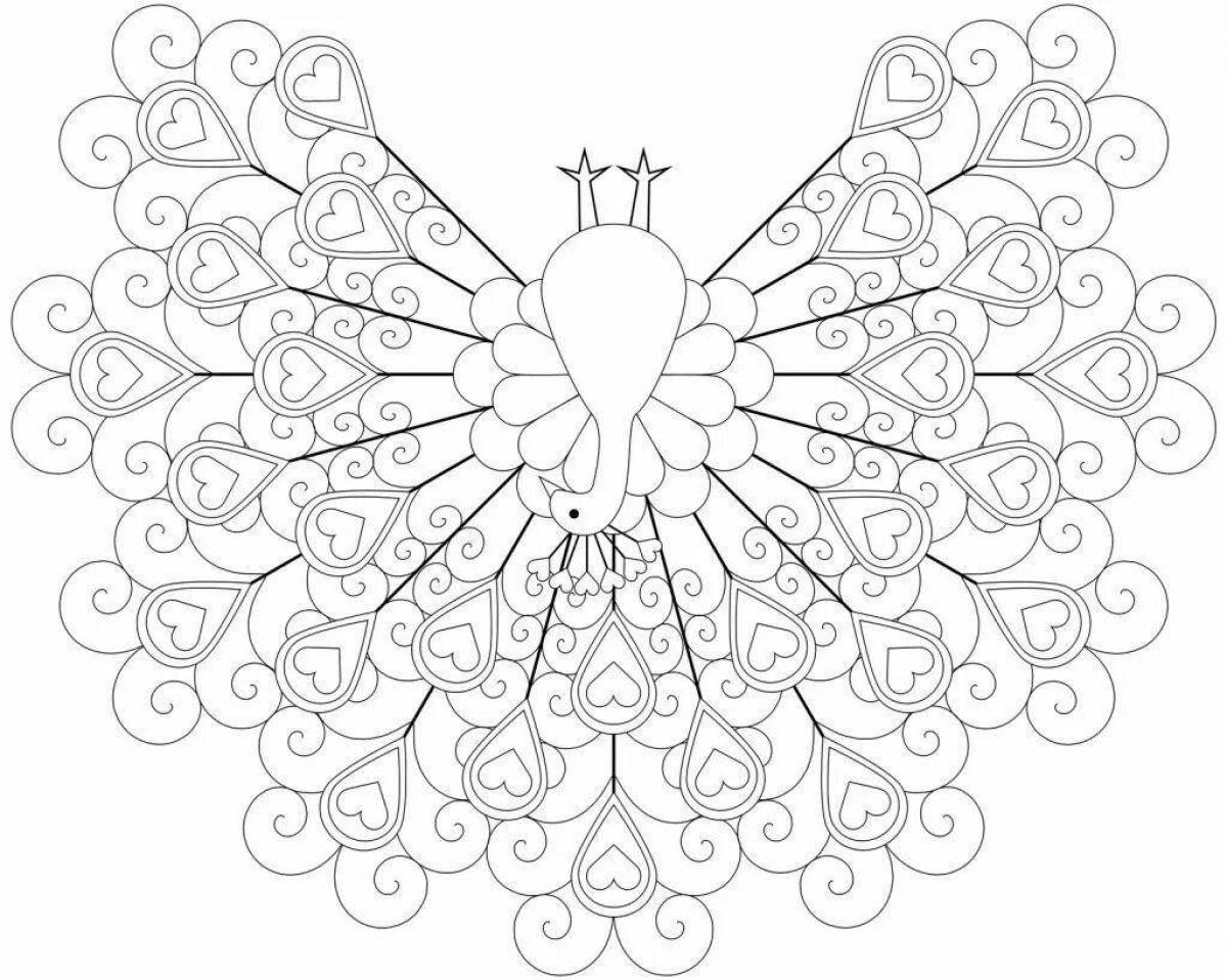 Coloring page majestic peacock with loose tail