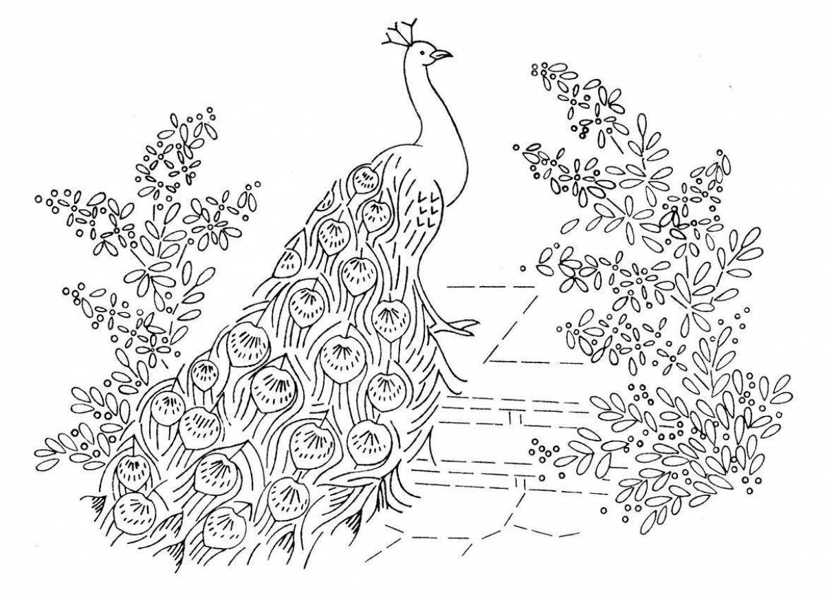 Artistic coloring of a peacock with a loose tail