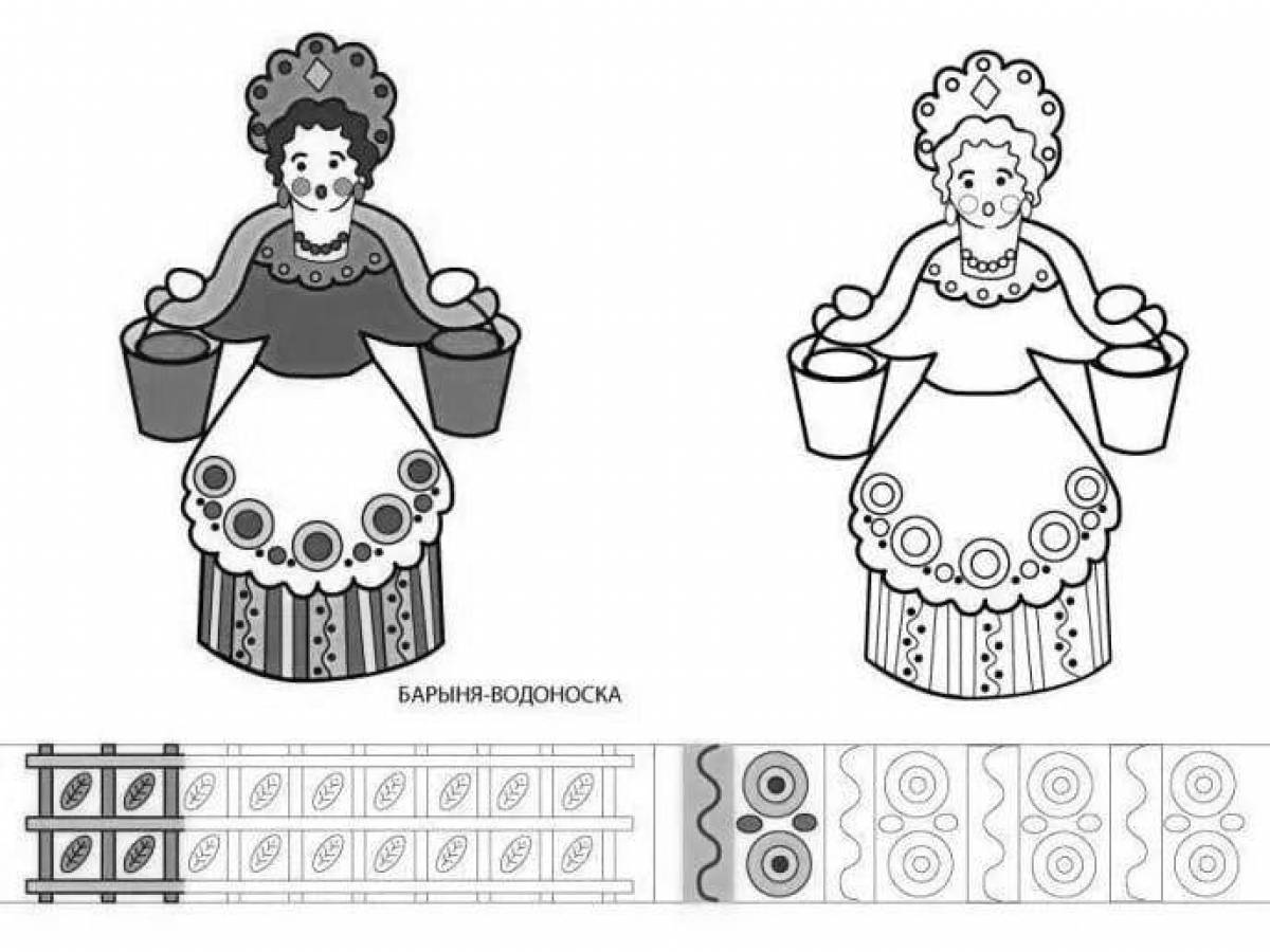 Coloring page joyful dymkovo lady for children