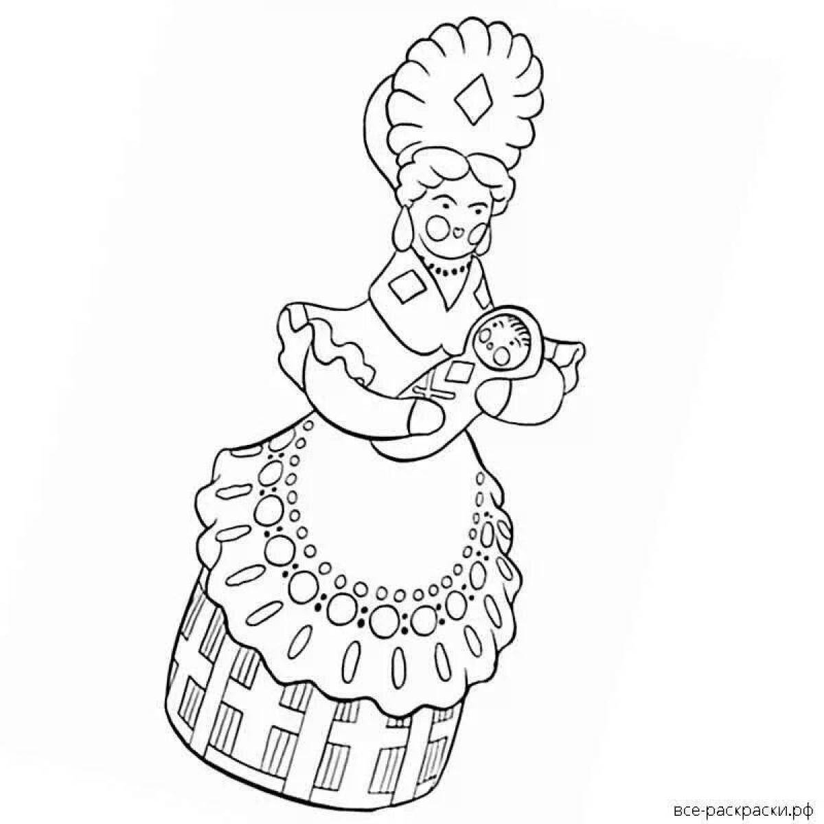 Увлекательная раскраска дымковская дама для детей
