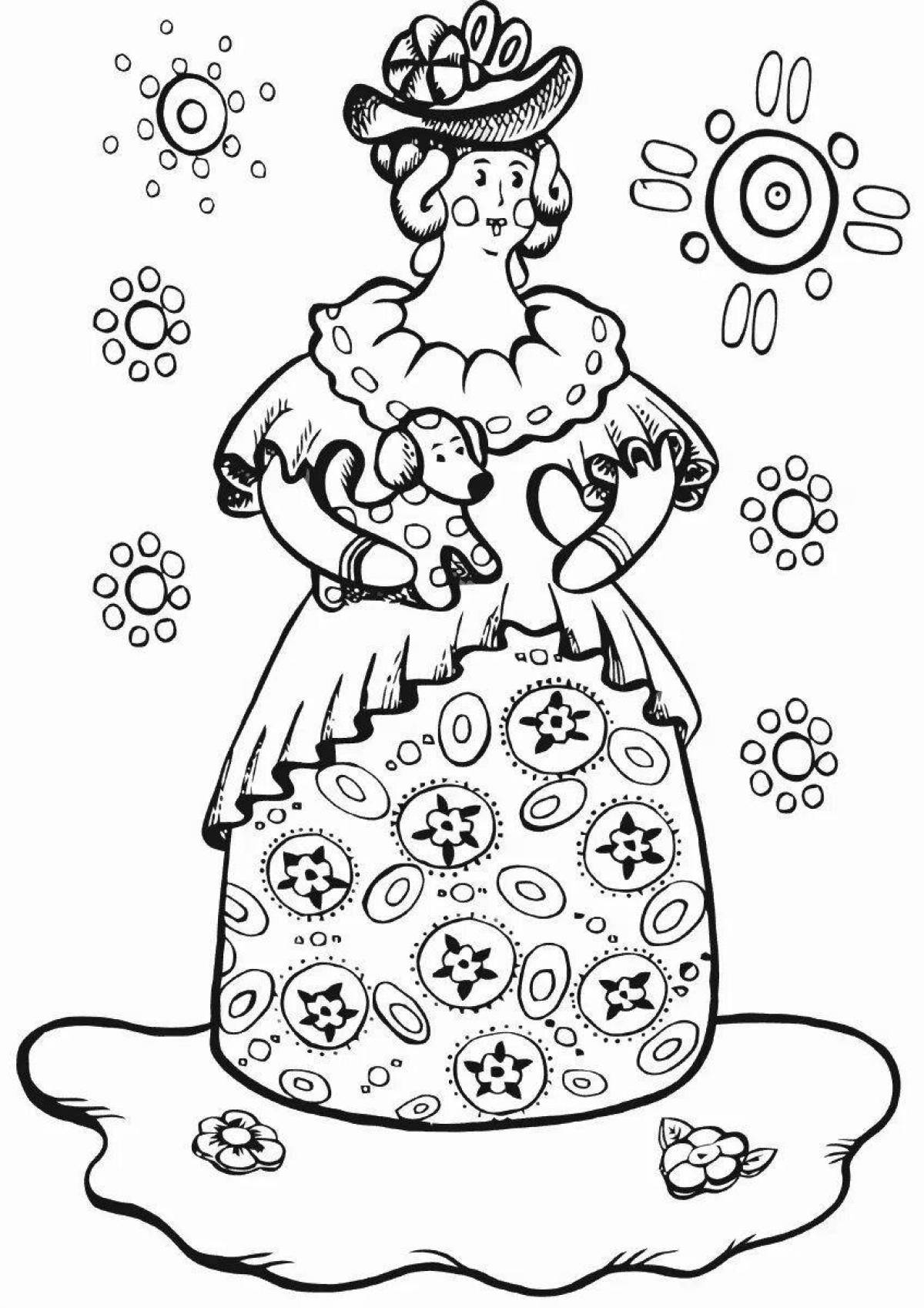 Раскраска увлекательная дымковская дама для детей