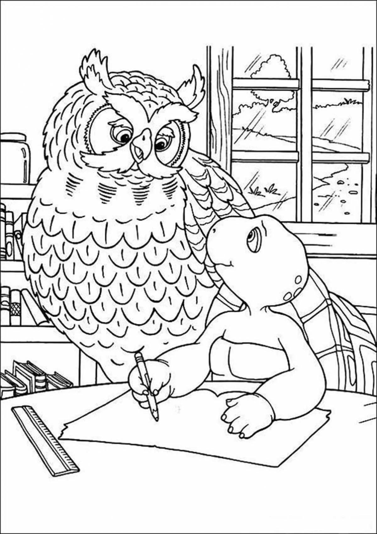 Coloring book wise owl with a crown