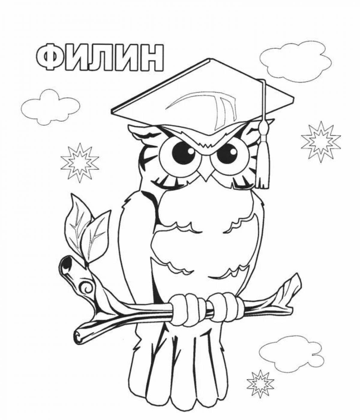 Wise owl coloring book with scroll of knowledge