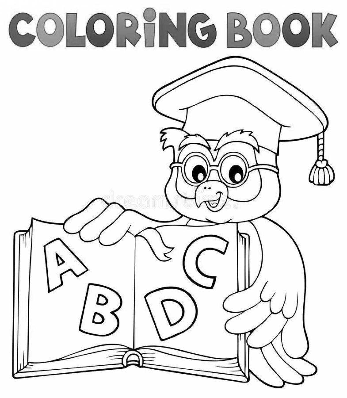 Coloring book wise owl with stack of books