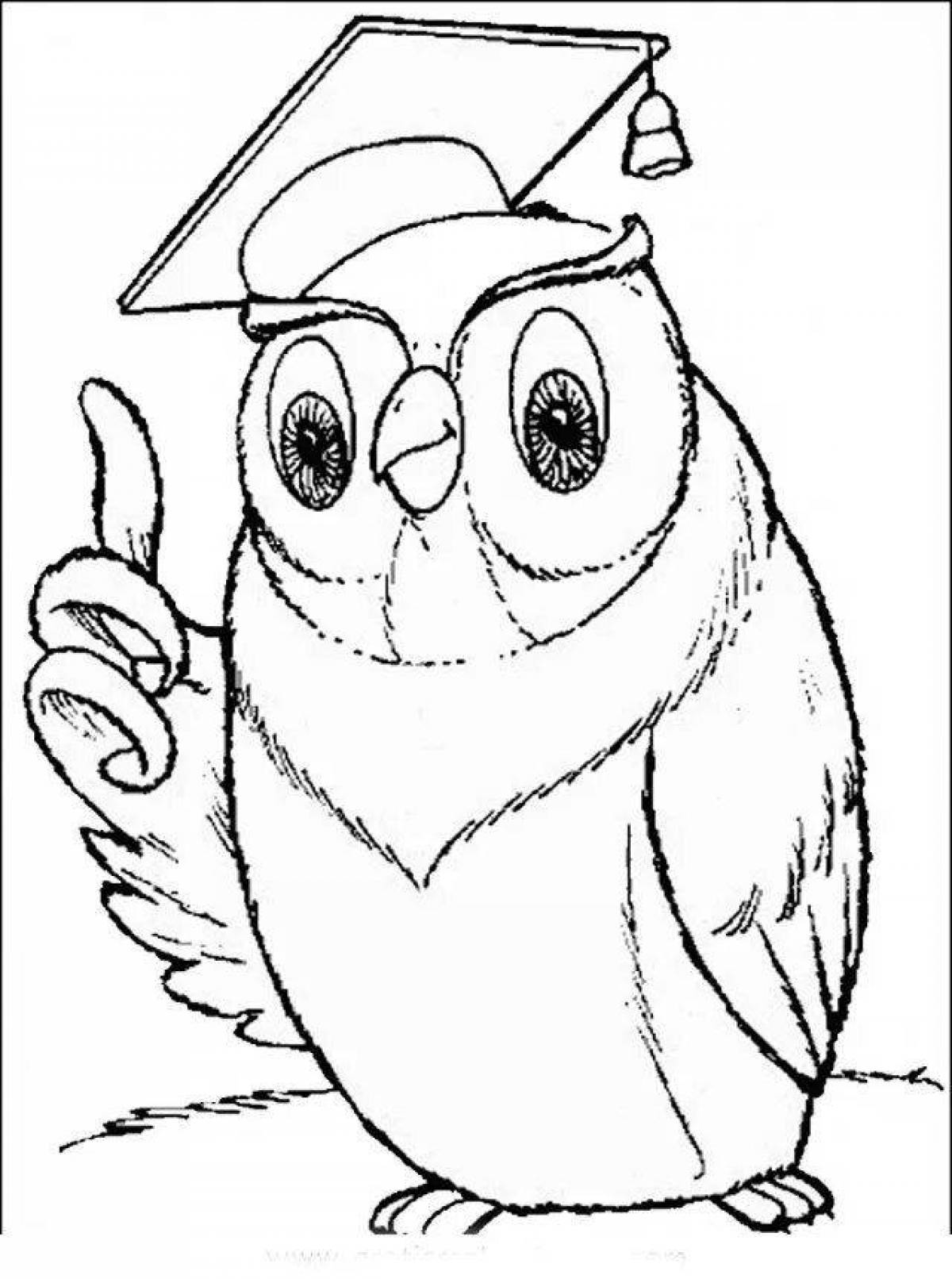 Wise owl coloring book with wise gesture