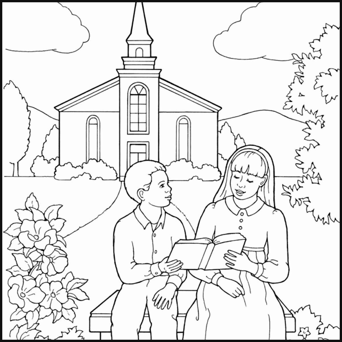 Glowing church coloring page for kids
