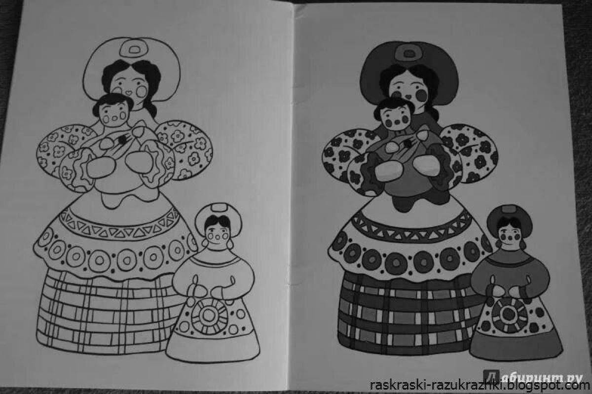 Playful hostess Dymkovo toy coloring