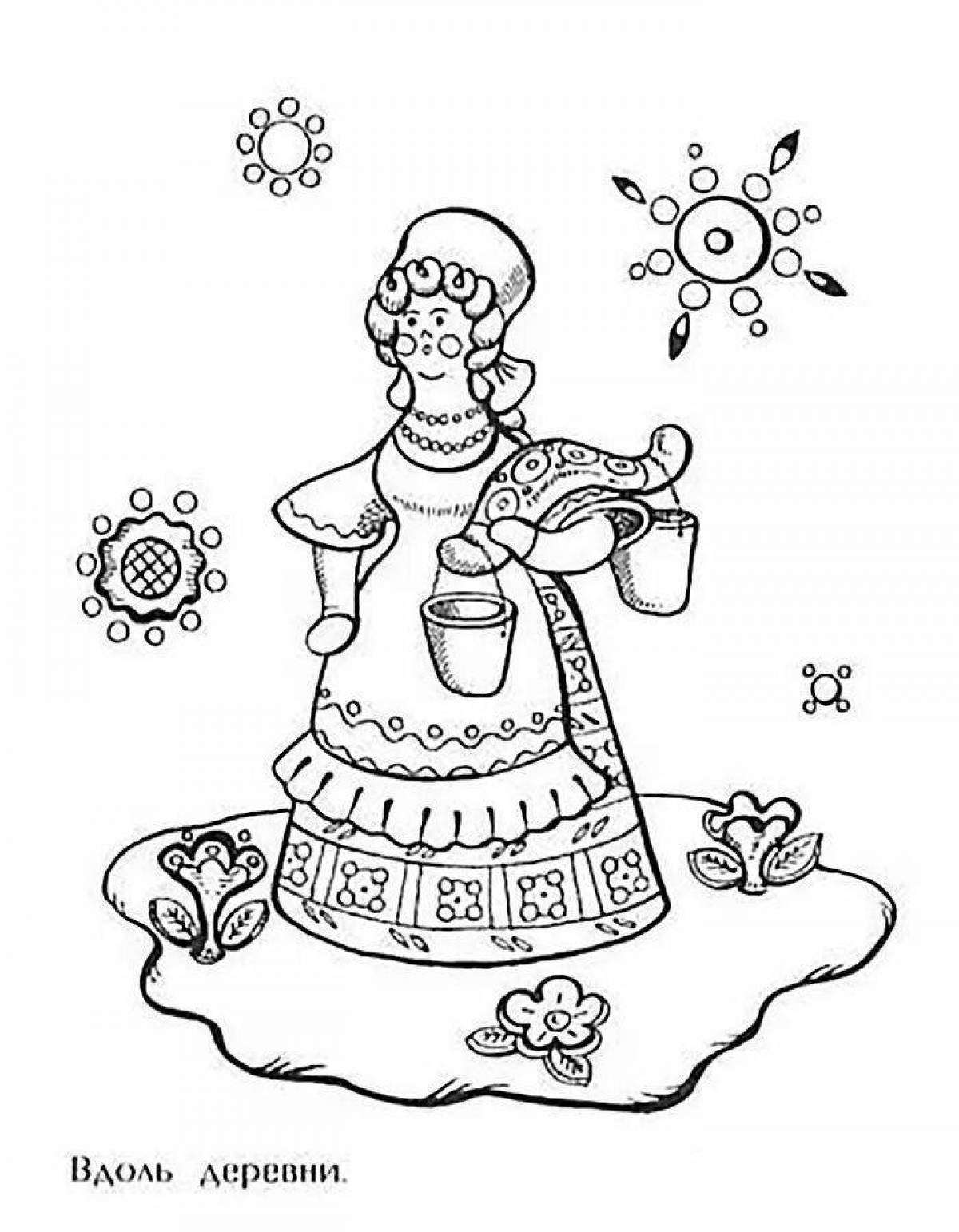 Coloring page graceful hostess Dymkovo toy