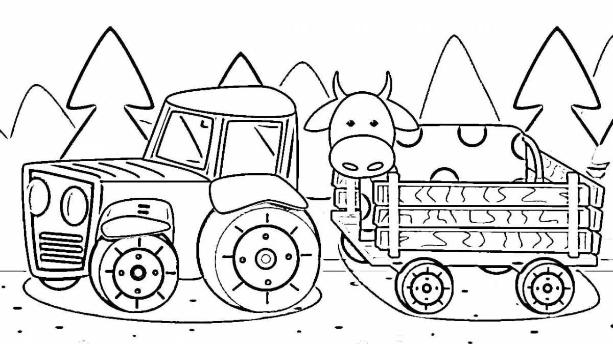 Colorful cat and blue tractor coloring book