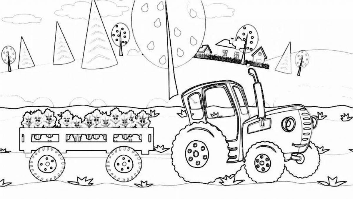 Coloring page playful cat and blue tractor