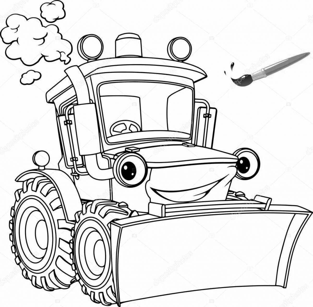 Cute cat and blue tractor coloring page