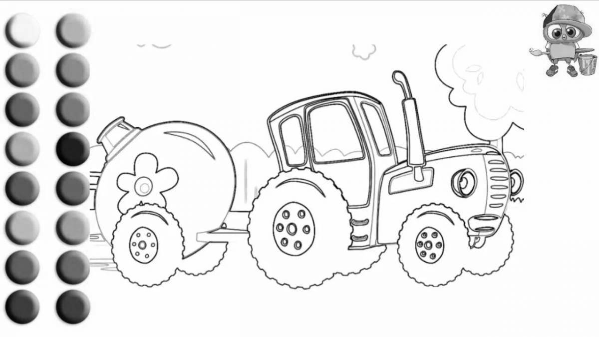 Extraordinary cat and blue tractor coloring book