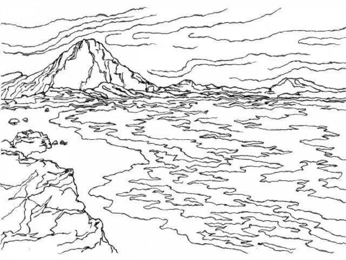 Горы и озеро раскраска