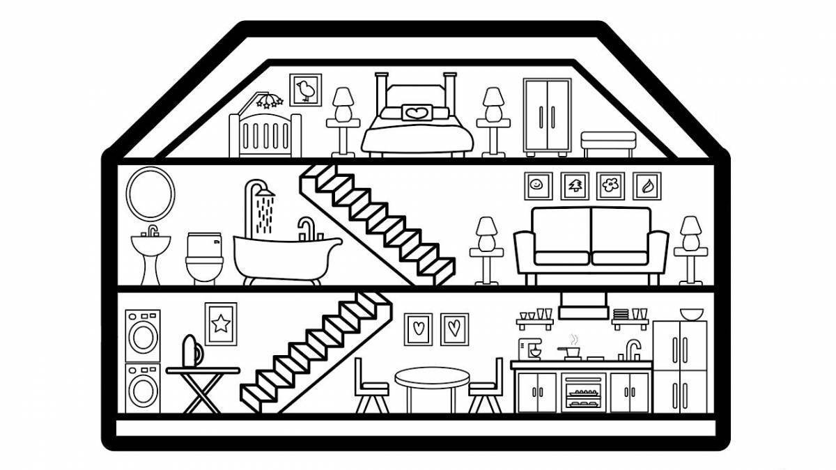 Раскраска дом с комнатами