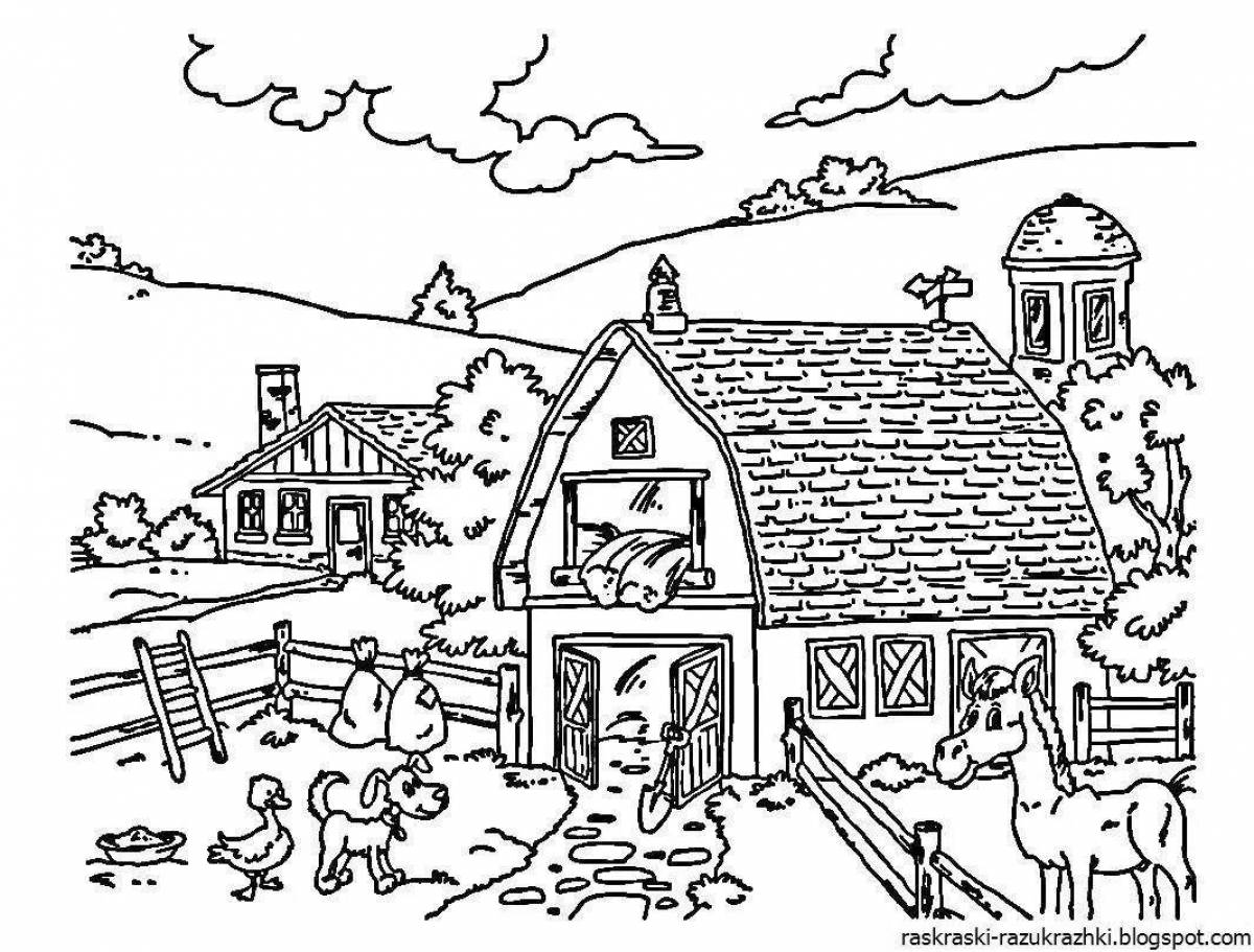 Coloring cute village for kids
