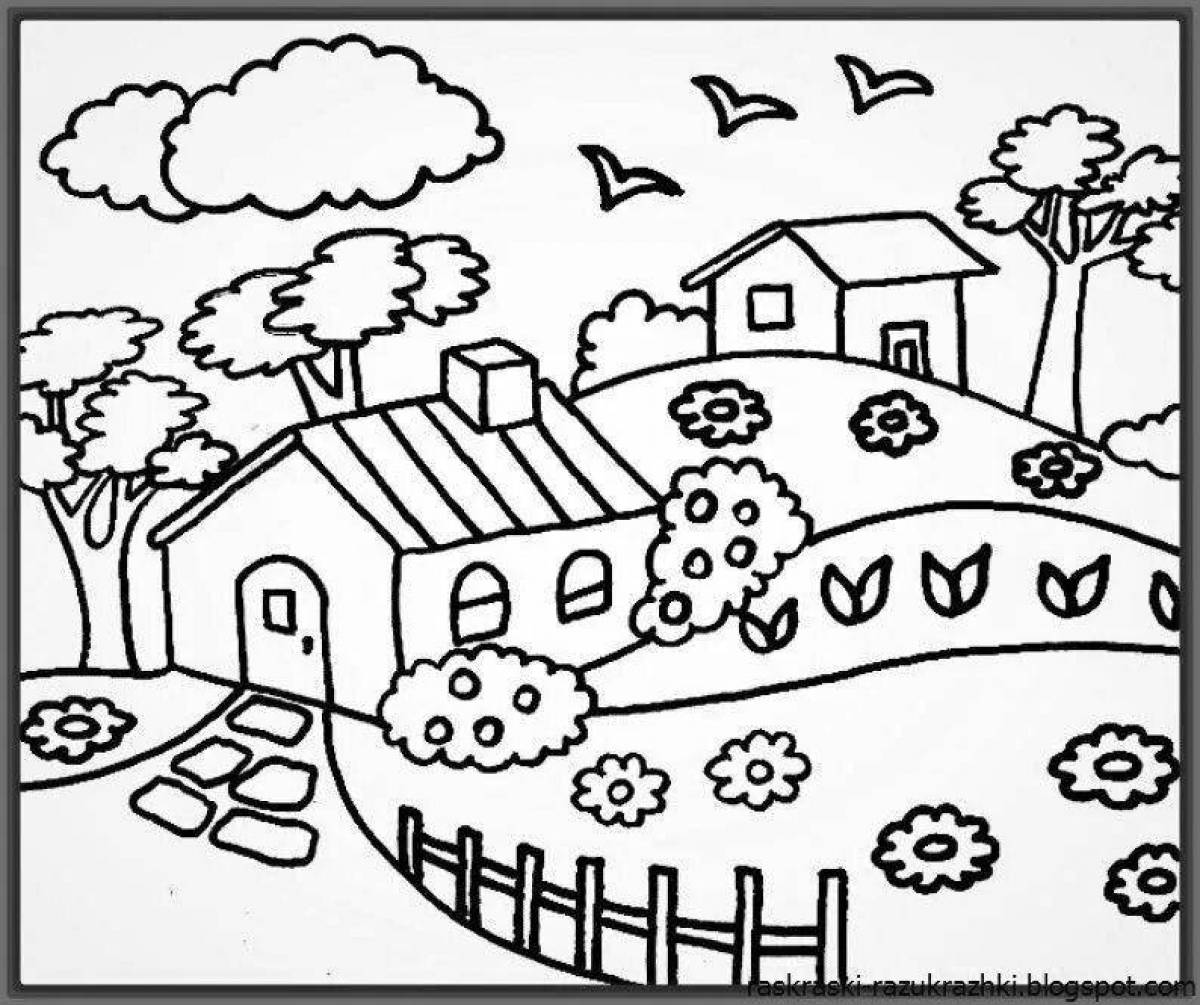 Adorable colorful village coloring book for kids