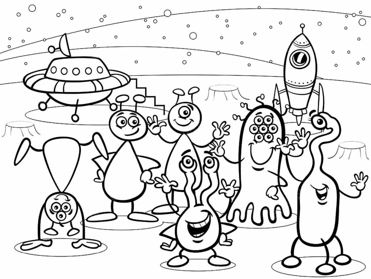 Glowing space cartoon coloring page