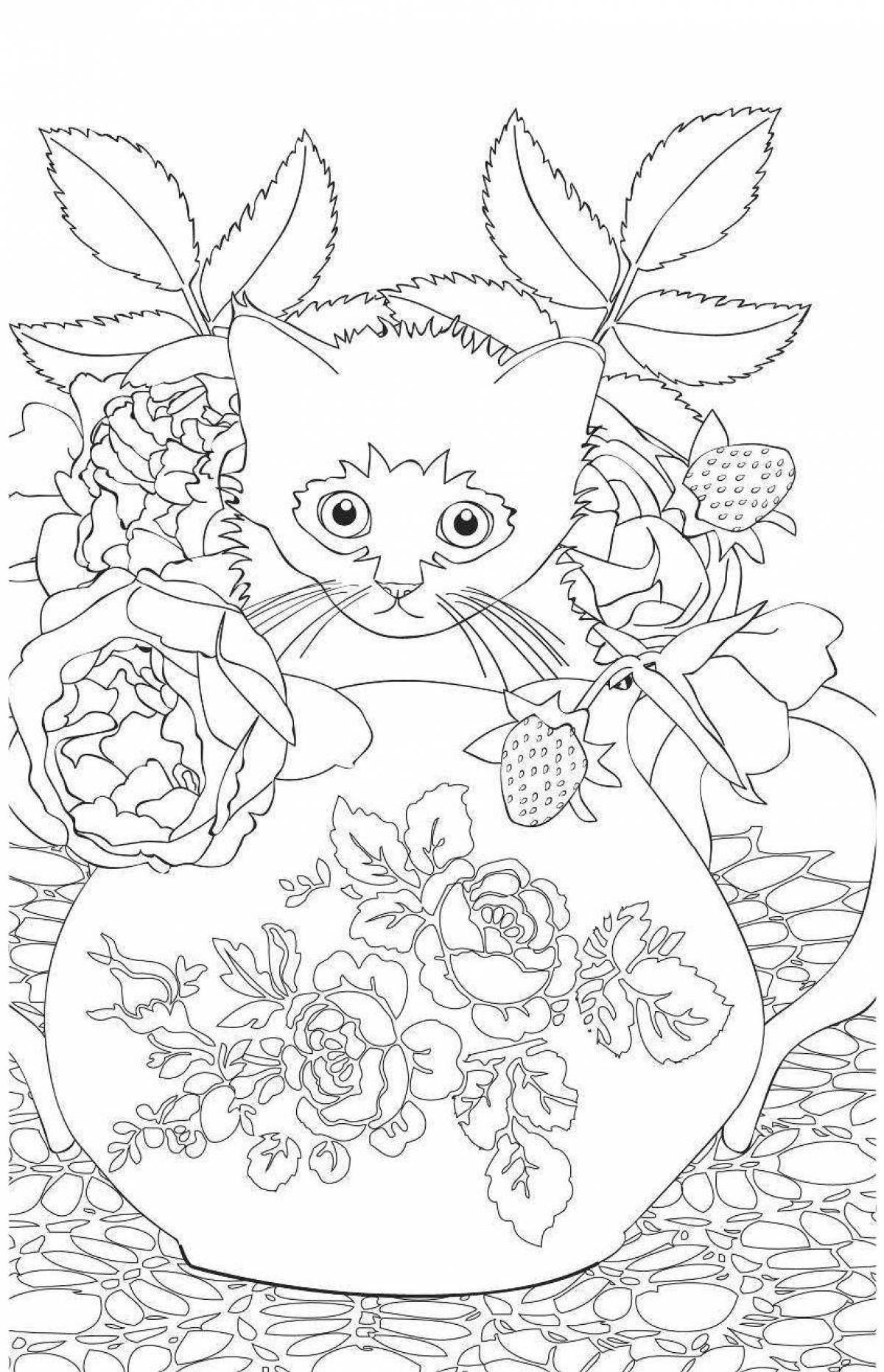 Glowing cat therapy antistress coloring page