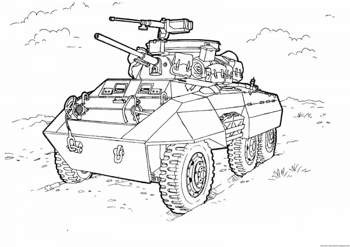 Bright military equipment coloring book for children 7-8 years old
