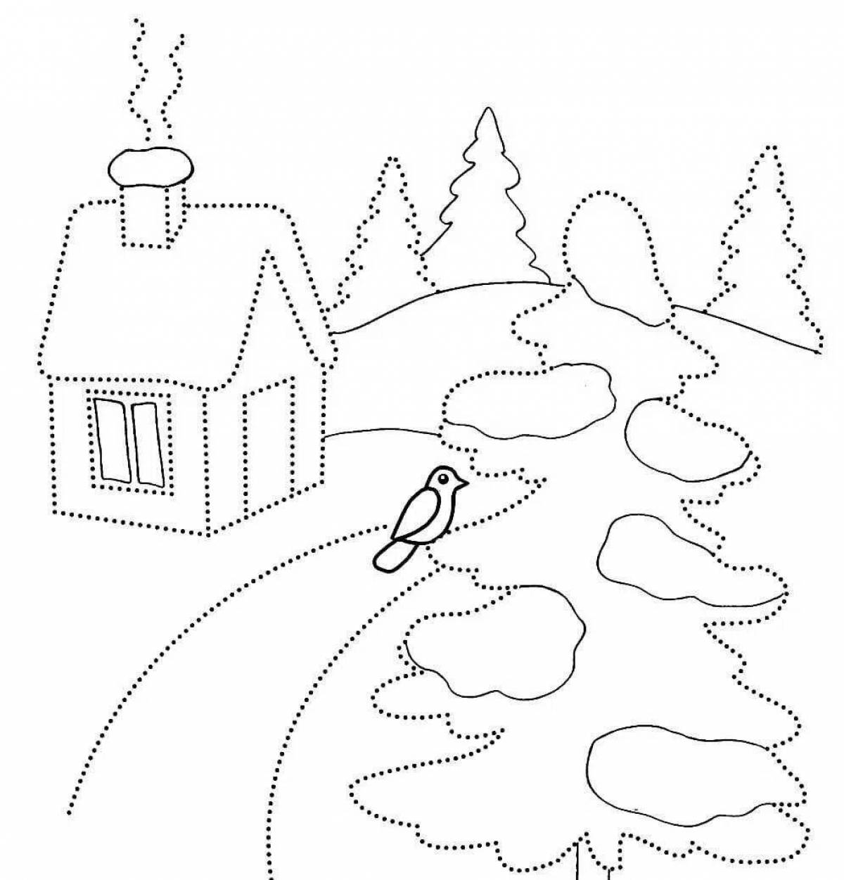 Glowing winter forest coloring page for 4-5 year olds