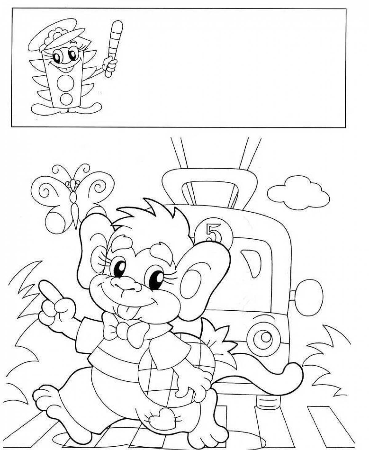 Playful traffic rules coloring page for 5-6 year olds