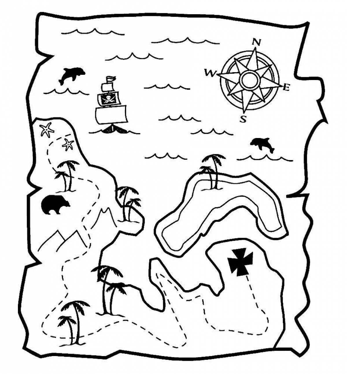 Яркая страница раскраски пиратской карты