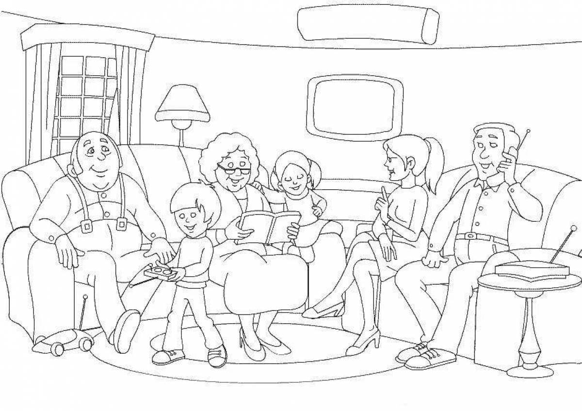 Coloring page with heart family picture