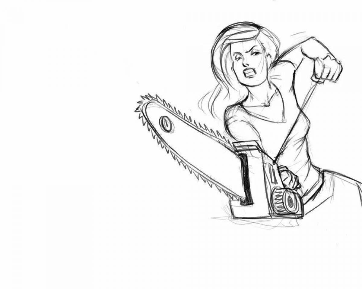 Adorable power man coloring page with chainsaw