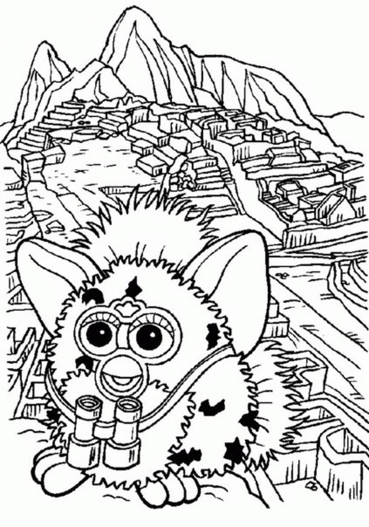 Children's picture of a furby in the mountains