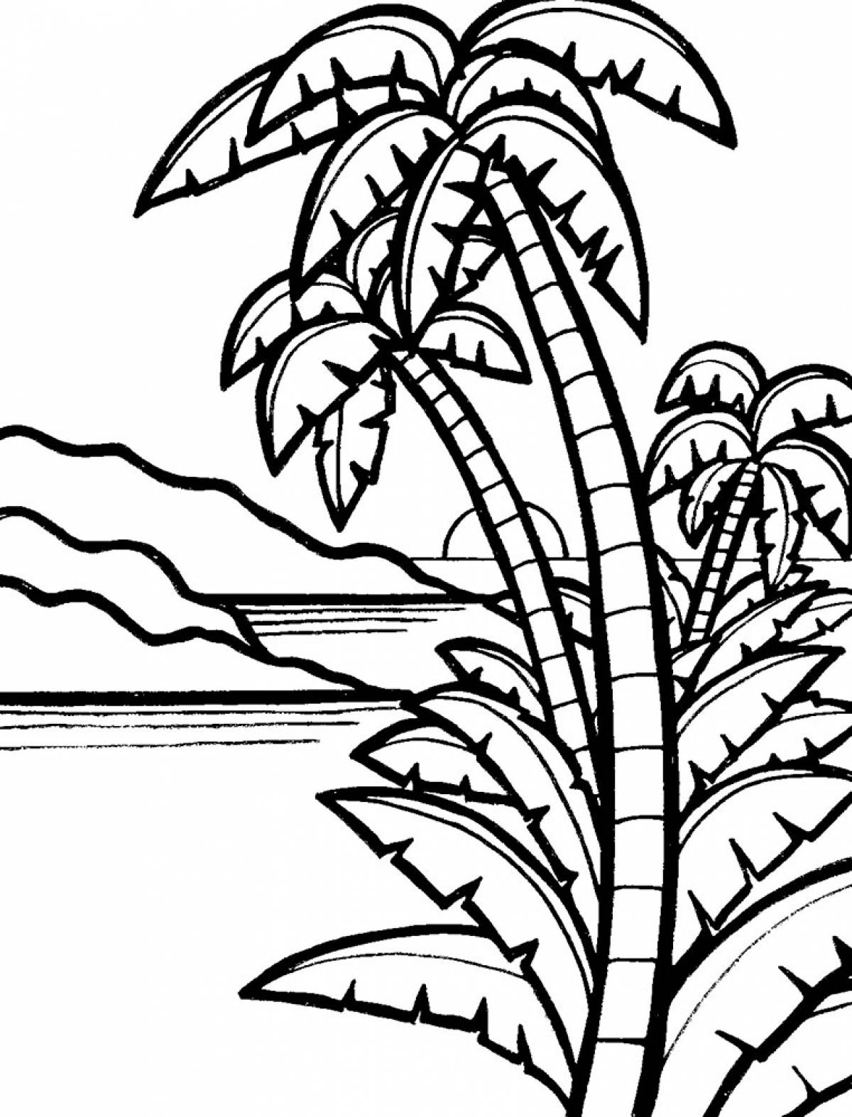 раскраска Дерево пальмы, улыбаясь с их плоды, кокосы. Кокосовая пальма