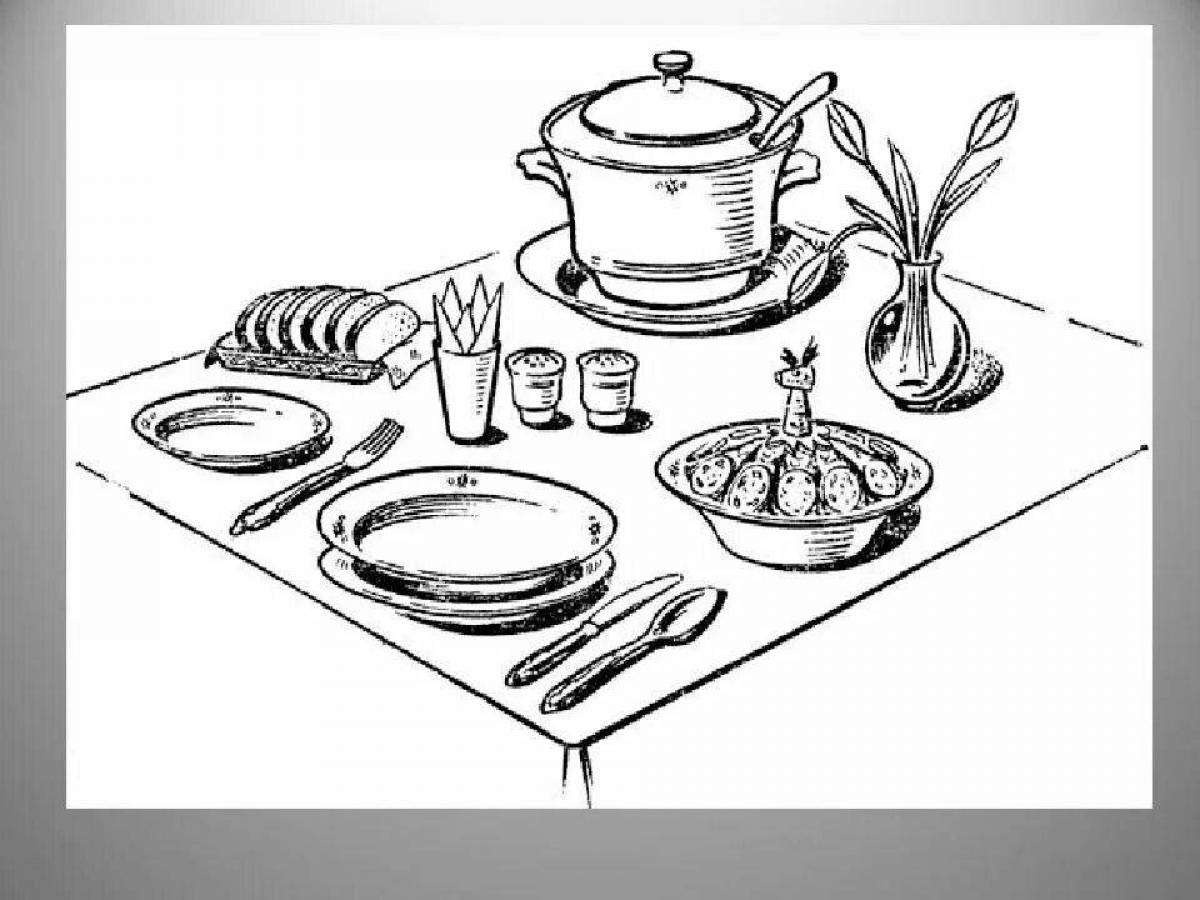 Помоги маме накрыть на стол окружающий мир. Сервировка. Стол с едой рисунок. Посуда рисунок. Эскиз праздничного стола.