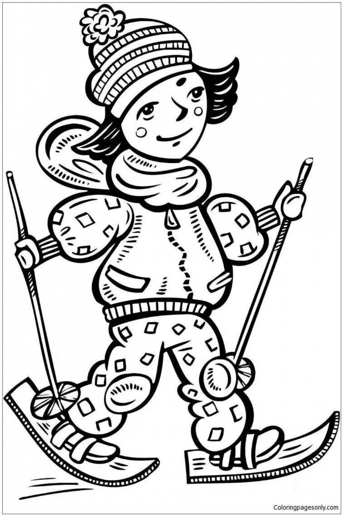 Coloring page cheerful boy on skis