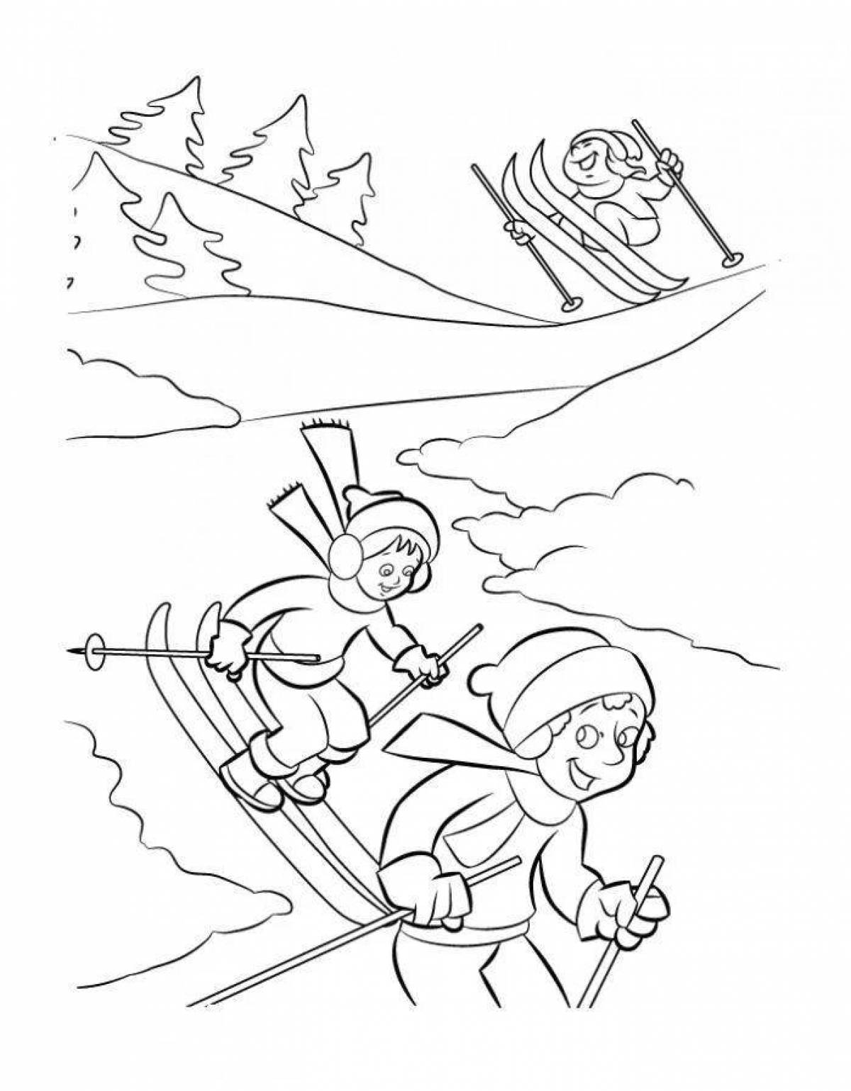Раскраска радостный мальчик на лыжах