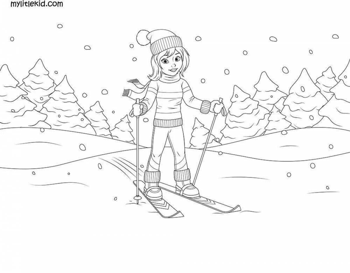 Coloring page fearless boy on skis