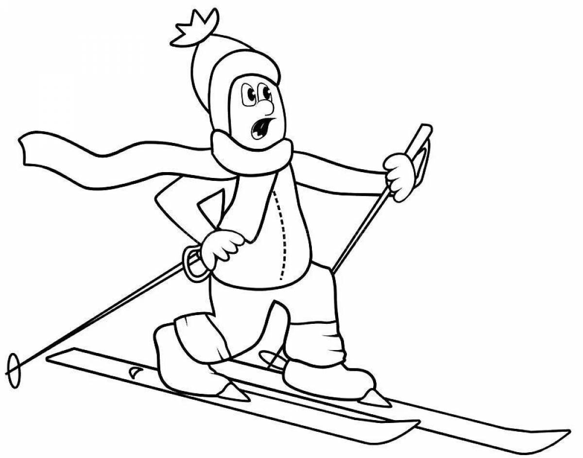Coloring book enthusiastic boy skiing
