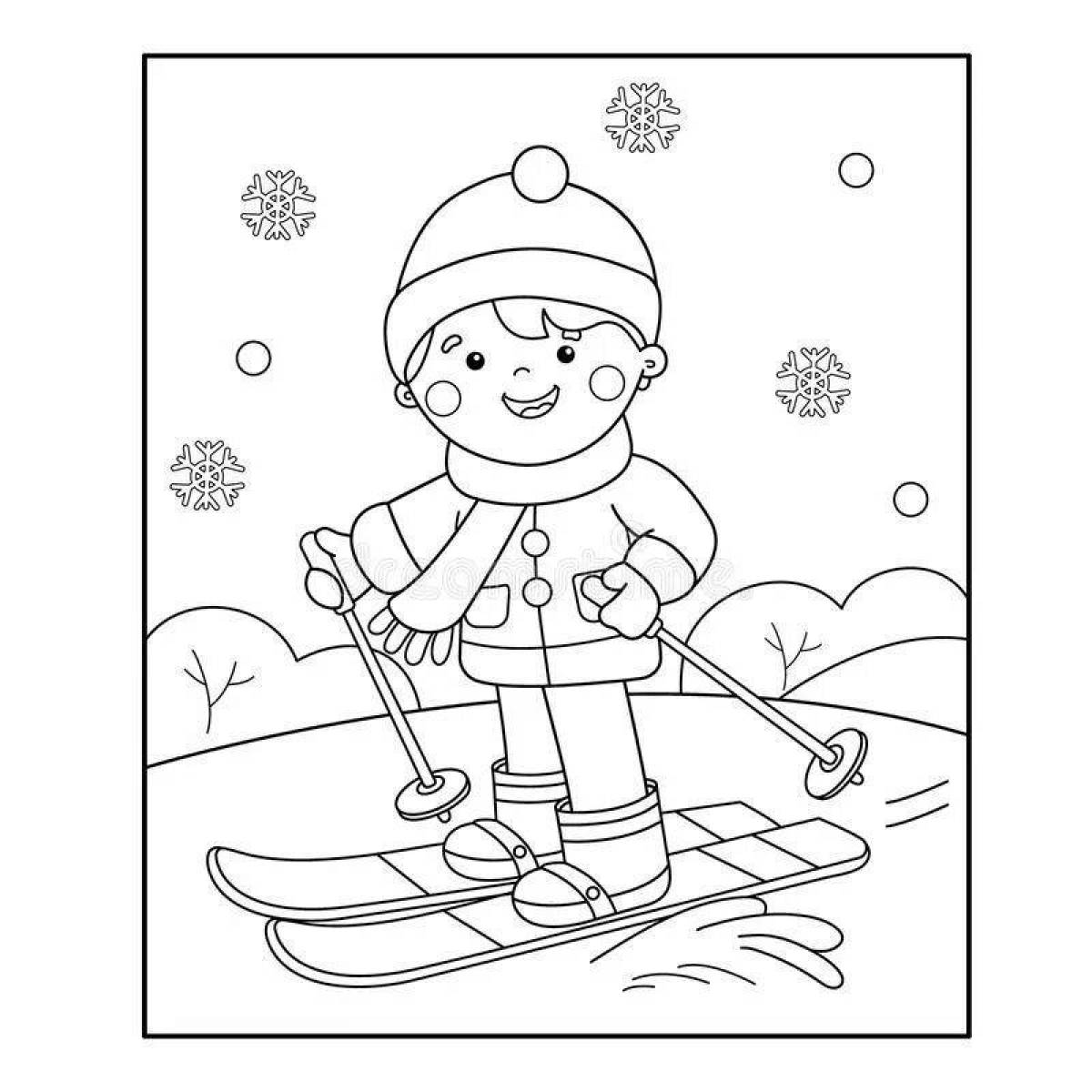 Coloring book excited skiing boy