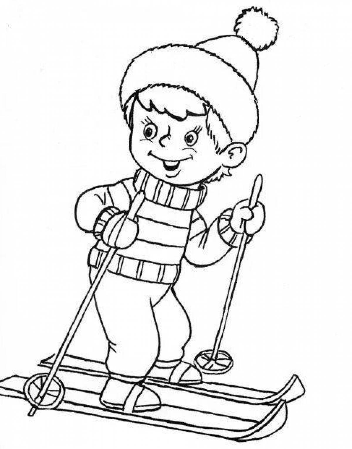Раскраска уверенный катающийся на лыжах мальчик