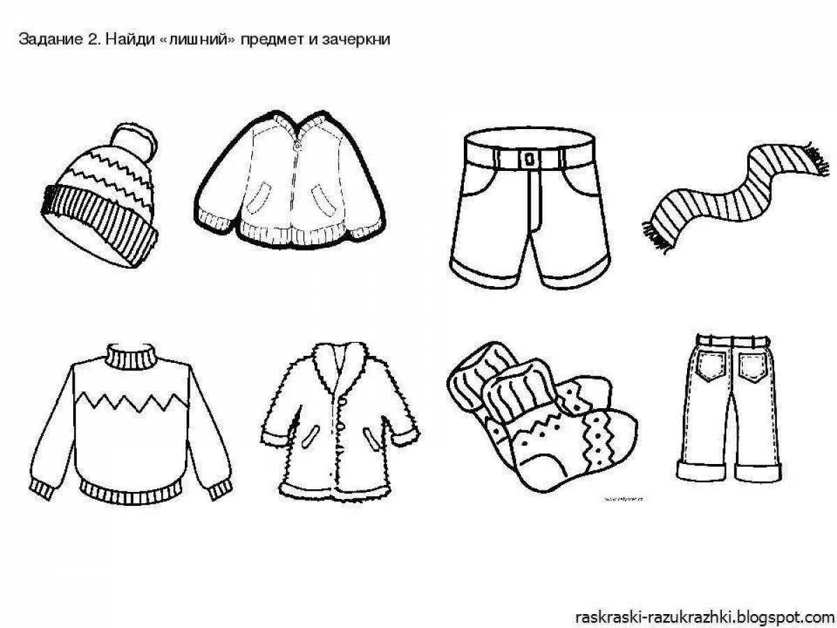 Colorful winter clothes coloring page for 3-4 year olds