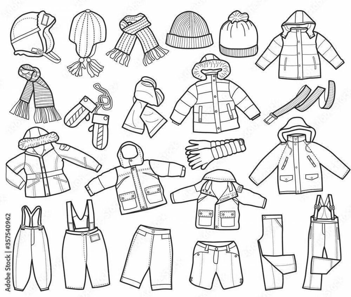 Playful winter clothes coloring page for 3-4 year olds