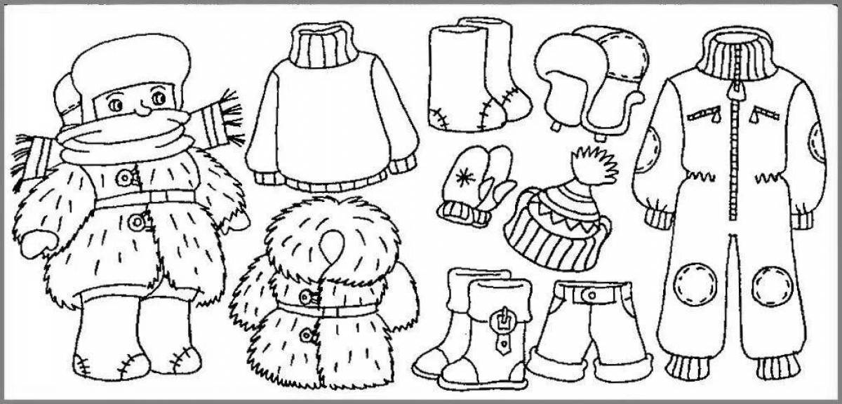 Coloring page for dazzling winter clothes for 3-4 year olds